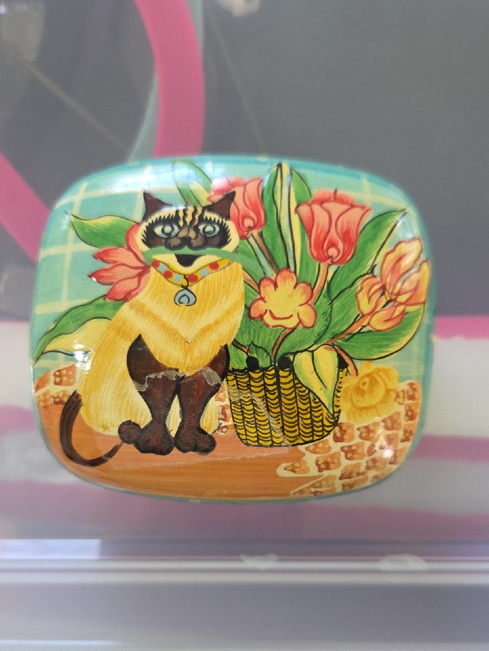Hand-Painted Cat Trinket Box - Yellow & Turquoise Floral Design